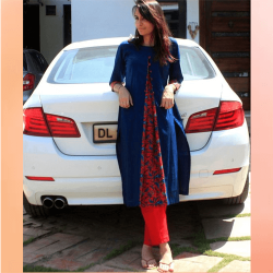 Princess Cut Kurti with Front Pleat in Blue Color With Pant in Reyon Fabric